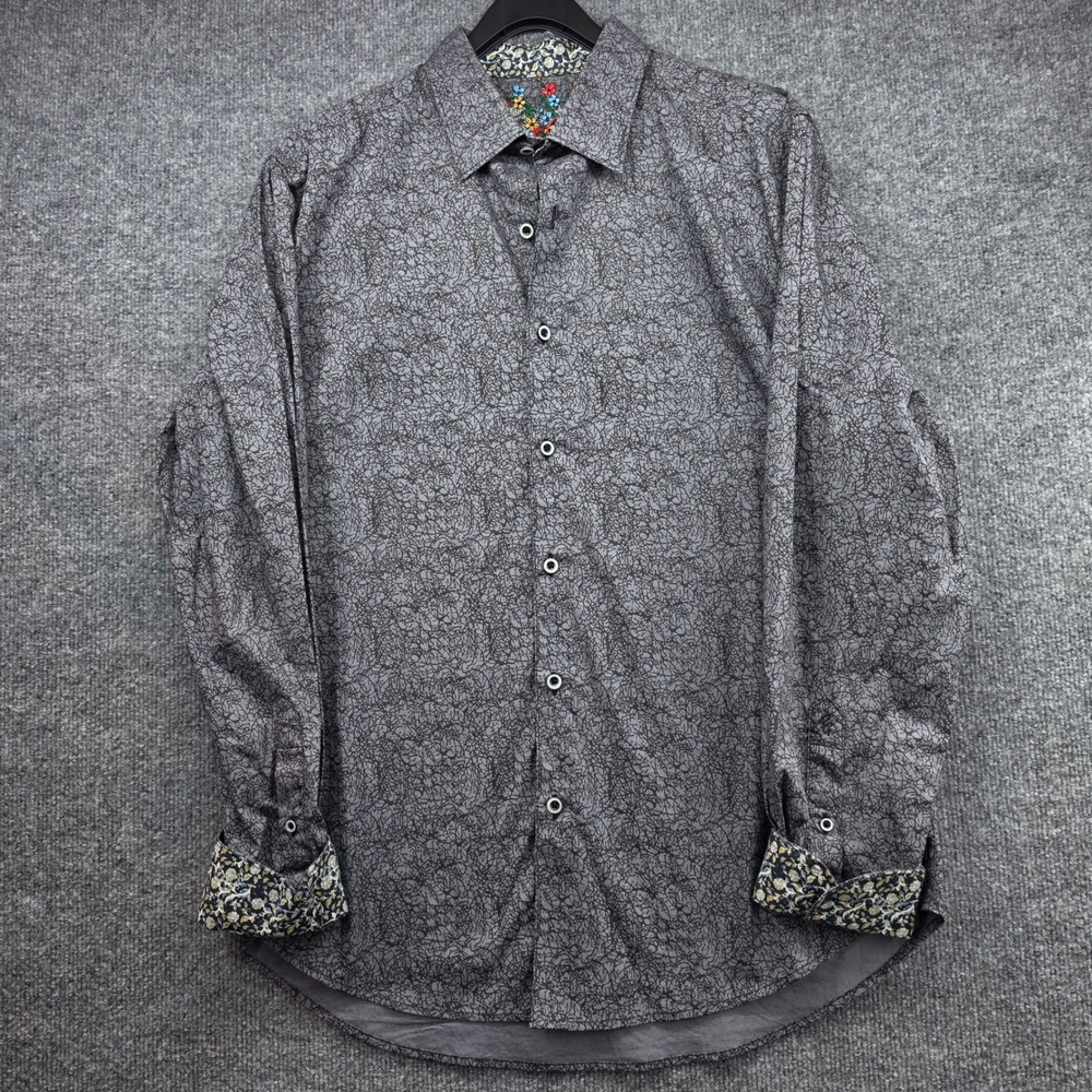 Robert Graham Mens Classic Fit Grey Black Crackle Print Stretch Shirt‎ Large